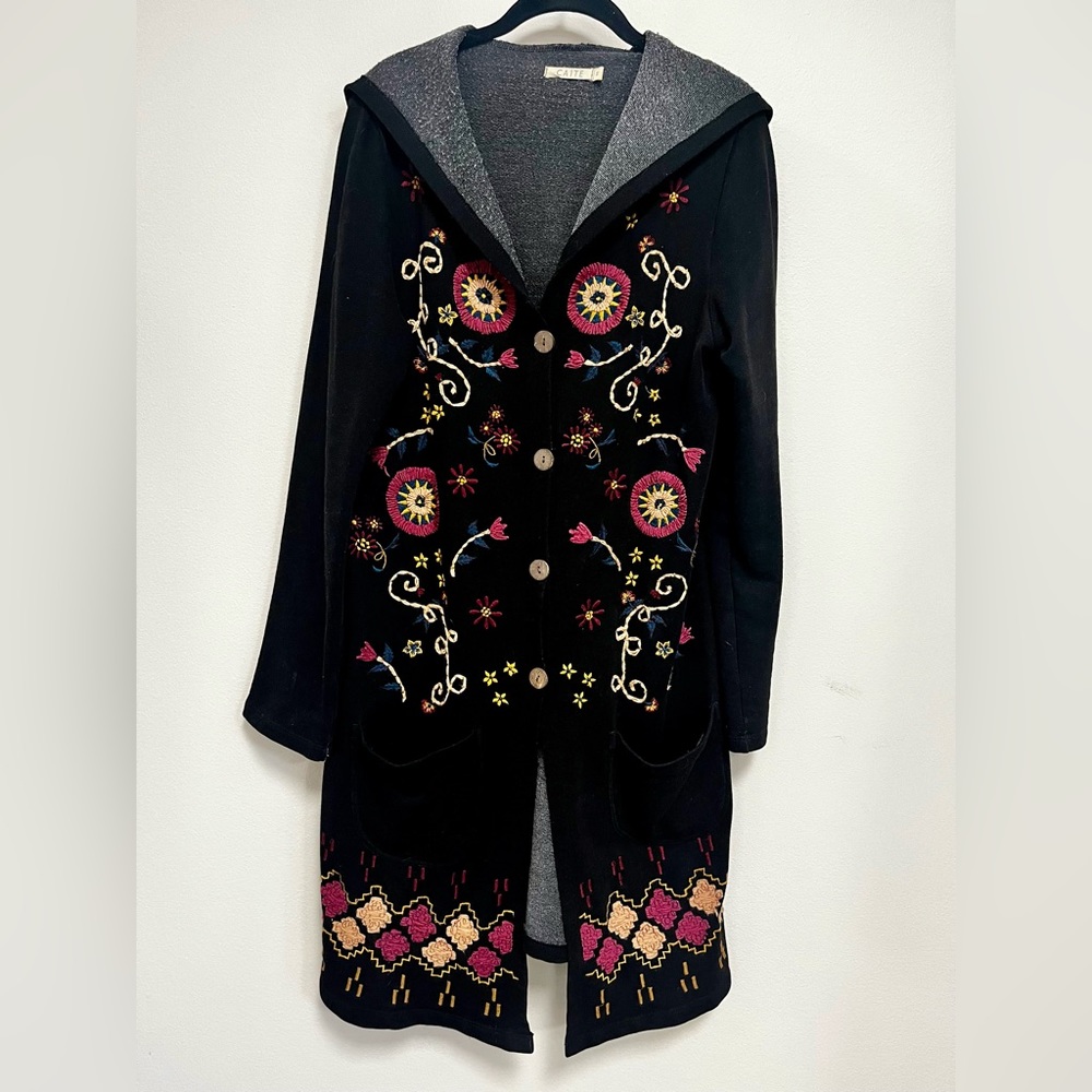 Caite embroidered button front duster hooded  cardigan with pockets, size Medium
